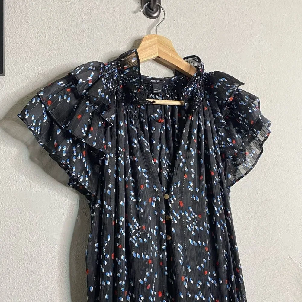 Sabina Musayev Dress Gwen Maxi Flutter‎ Sleeve Black Dotted Maxi Size M - Picture 3 of 13